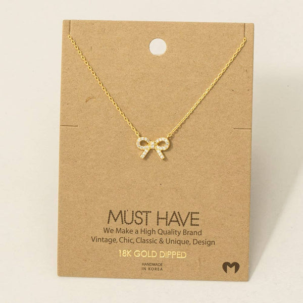 Gold Dipped Cz Stud Ribbon Bow Pendant Necklace