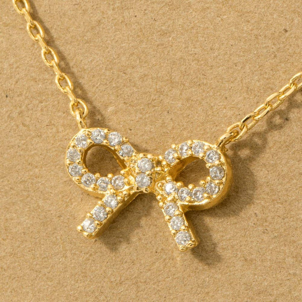 Gold Dipped Cz Stud Ribbon Bow Pendant Necklace
