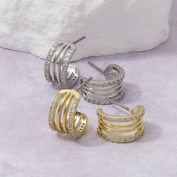 Triple Band Pave Cz Huggie Earrings