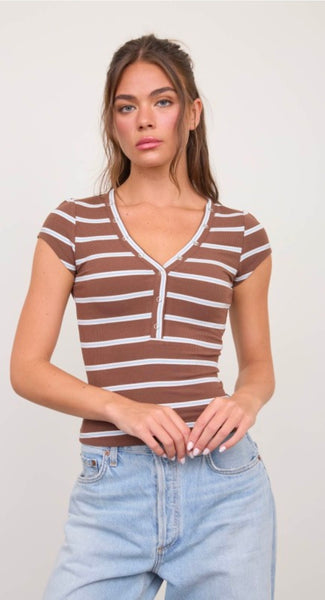 Jamie Striped Henley - BROWN