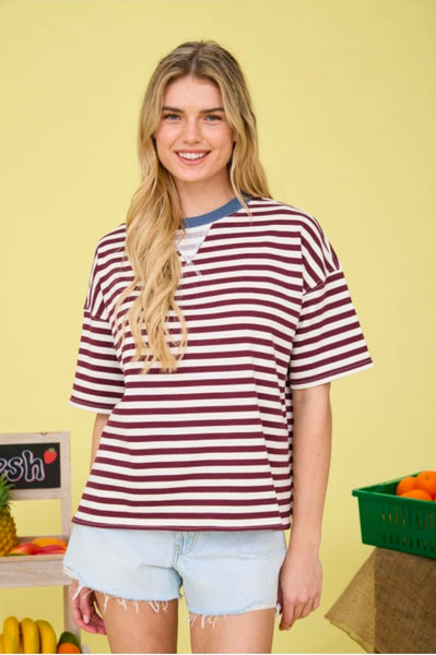Stripe Colorblock Knit T-Shirt - Burgundy