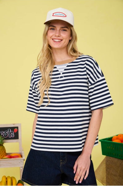 Stripe Colorblock Knit T-Shirt - Navy