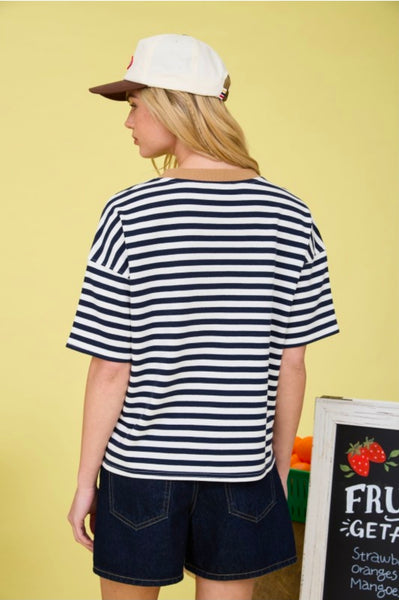 Stripe Colorblock Knit T-Shirt - Navy