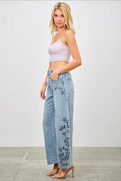 Embroidery Floral Denim Jeans by Saige