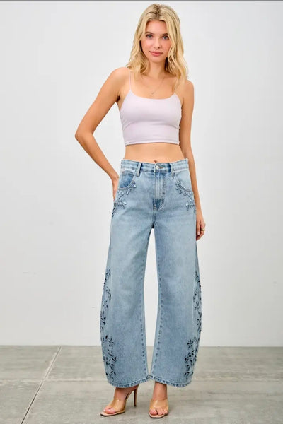 Embroidery Floral Denim Jeans by Saige