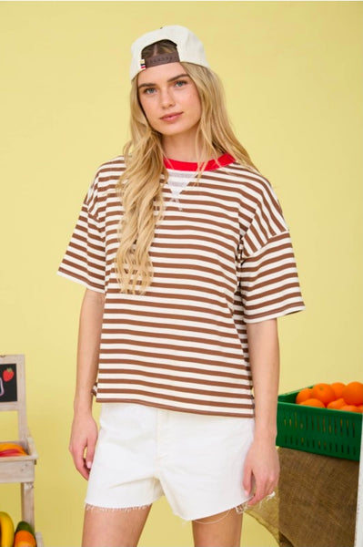 Stripe Colorblock Knit T-Shirt - Brown