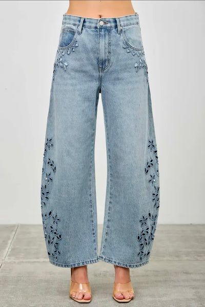 Embroidery Floral Denim Jeans by Saige