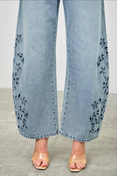 Embroidery Floral Denim Jeans by Saige