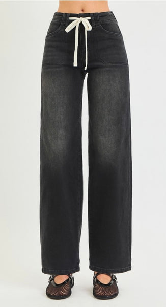 Risen Black Tie Waist Jeans