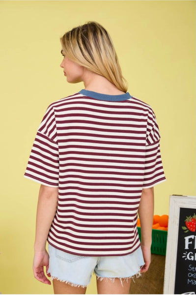 Stripe Colorblock Knit T-Shirt - Burgundy