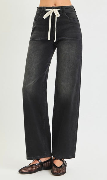 Risen Black Tie Waist Jeans