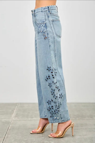 Embroidery Floral Denim Jeans by Saige