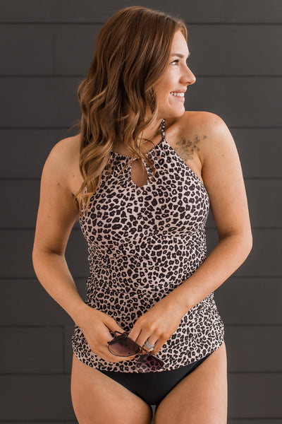 Chasing Sunsets Tankini Swim Top- Taupe & Black Leopard