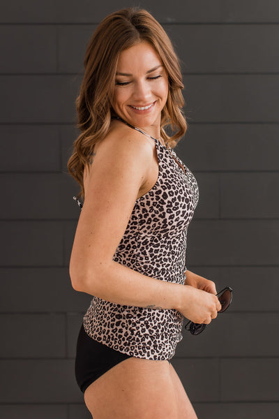 Chasing Sunsets Tankini Swim Top- Taupe & Black Leopard